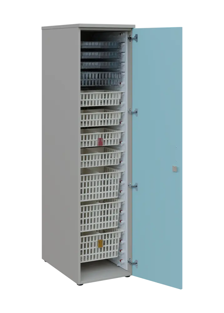 EUROMEDICA D - 46 skříň léková boxová, 1-dveřová, pravá, 1950x460x735, korpus šedý, dvířka obloha